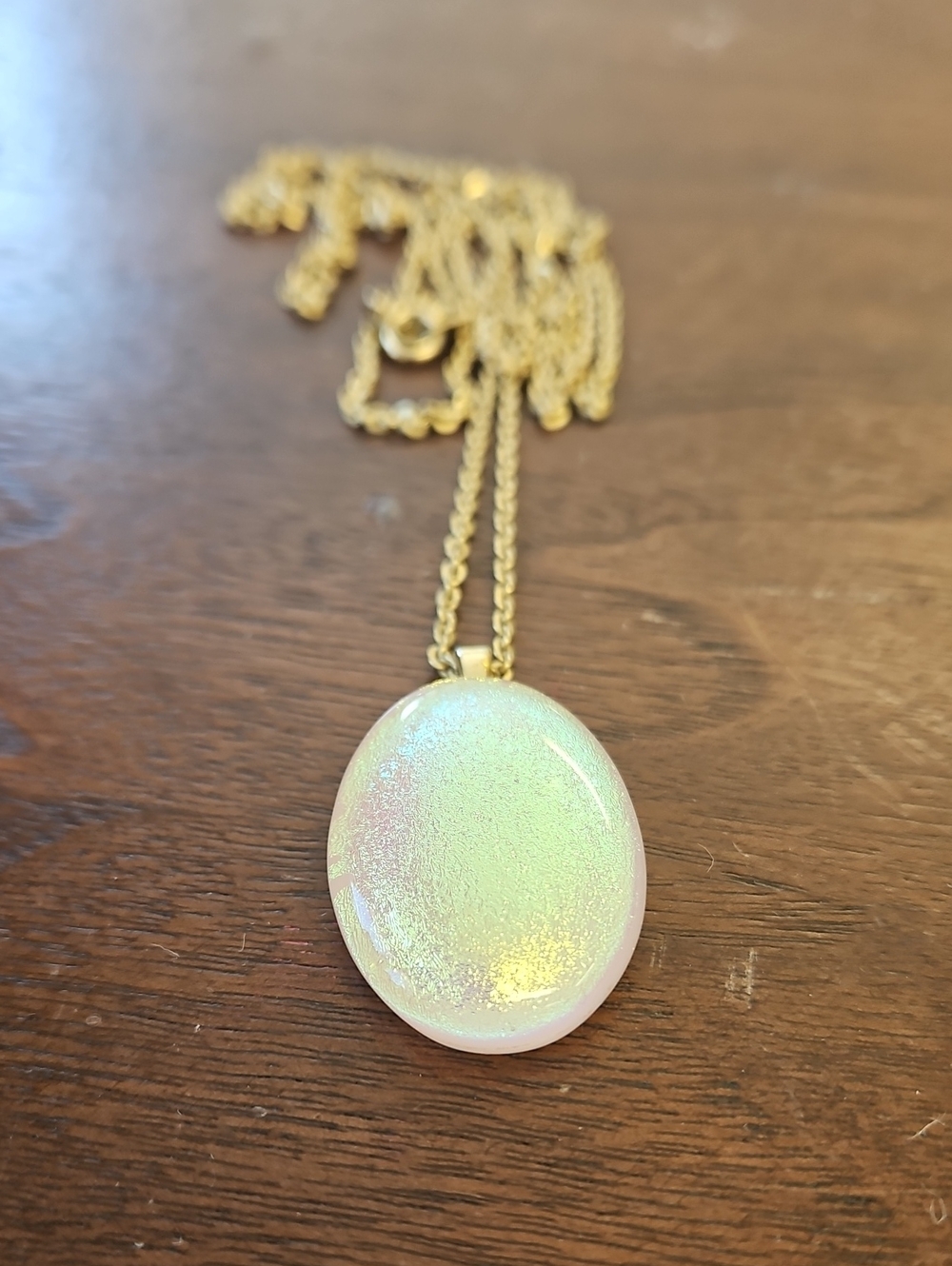 Iridescent Oval Pendant Necklace in Goldtone Chain Very Long 32 Inch
